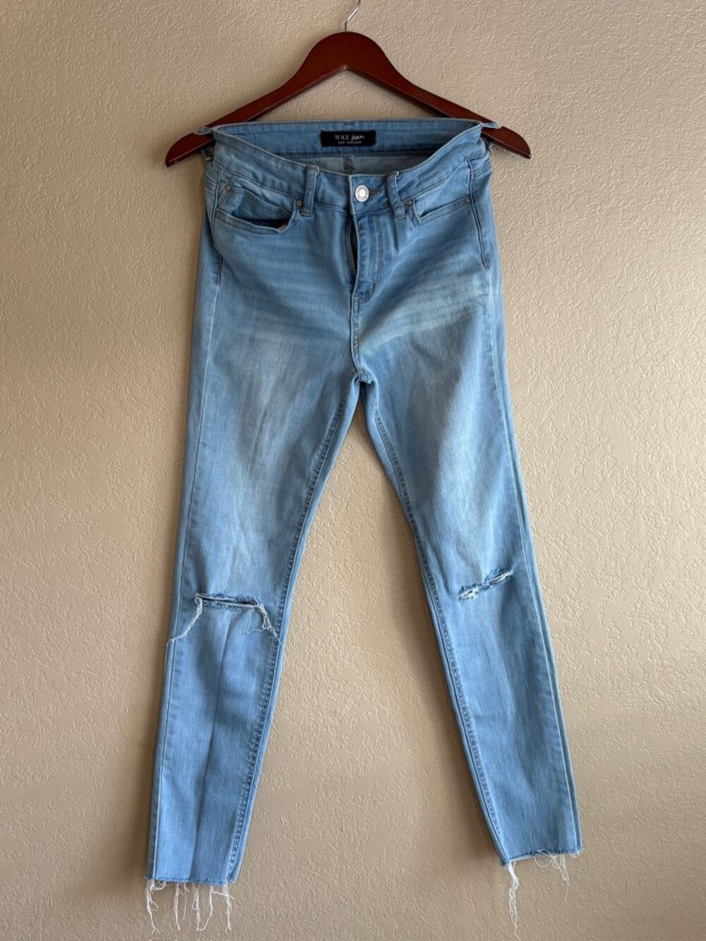 Wax Jean High Rise Skinny Jeans Distressed Slit Light Wash Size 7